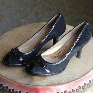 black suede high heeled shoes